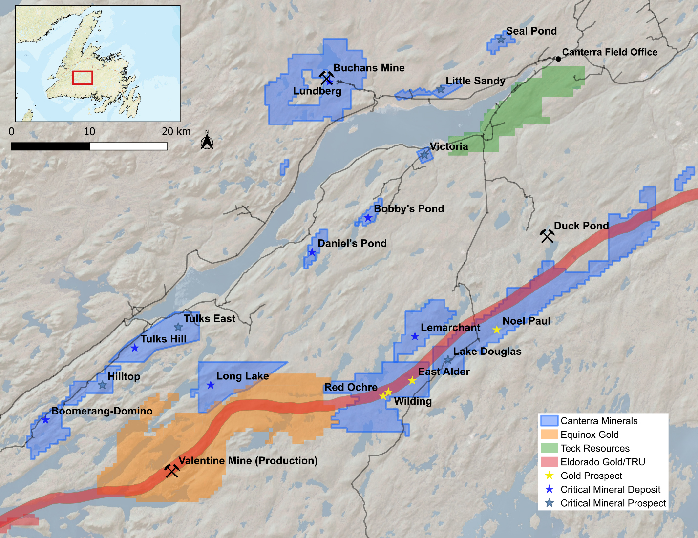 Map of Canterra’s Central Newfoundland Mining District properties.