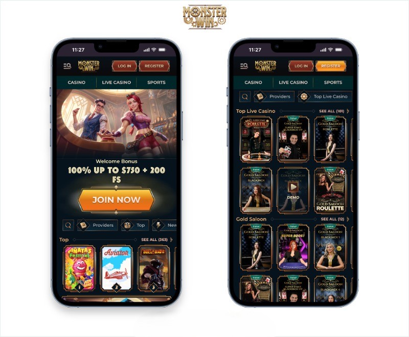 Instant Casino mobile interface displaying game lobby and navigation