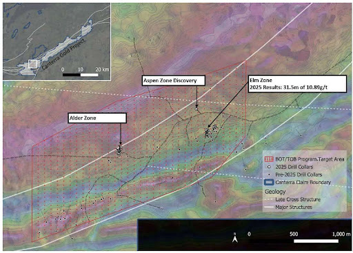 Figure 3. Wilding Project: Phase 1 base-of-till (BOT) and top-of-bedrock (TOB) drilling plan area. Magnetics Tilt Derivative as basemap. 